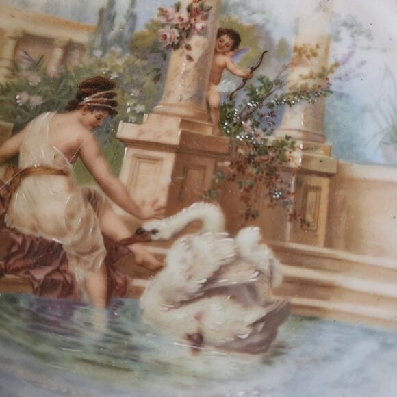 Limoges B&H Blakeman & Henderson Hand Painted Gold Rim Dish Woman Swan Cupid 12" - Picture 5 of 13